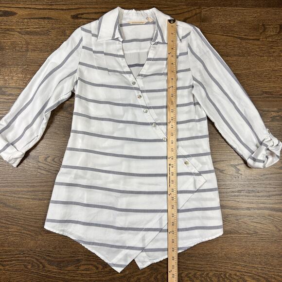 Soft Surroundings Shirt Womens XS Striped Asymmetrical V Neck Tunic Roll Tab - Picture 8 of 10